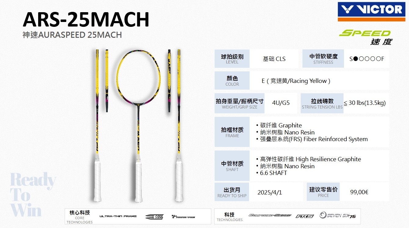 VICTOR AURASPEED 25MACH E - RACING YELLOW - Afbeelding 6